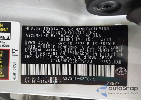 2012 Toyota Camry Xle z USA, uszkodzony, nr VIN 4T4BF1FK2CR179470